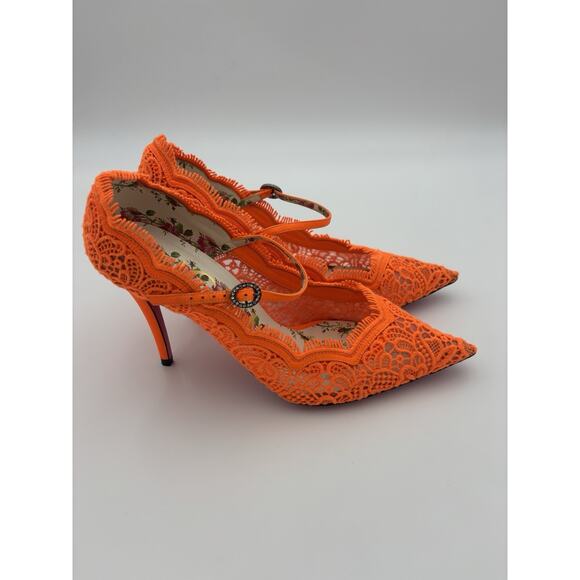 Gucci Mary Jane Heels Neon Orange Lace Size 39 Rhinestone Buckle Authentic - Picture 6 of 14